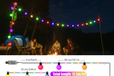 Camping scene with colorful string lights and people around a campfire at night.